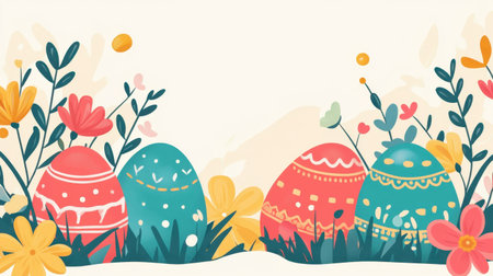 A vibrant and cheerful illustration of colorful Easter eggs nestled among flowers and greenery, symbolizing spring and celebration. Perfect for holiday-themed projects.の素材