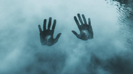Two hands reaching out from a mist-covered water surface create a captivating visual. The soft lighting enhances the atmosphere, evoking a sense of tranquility and mystery.の素材