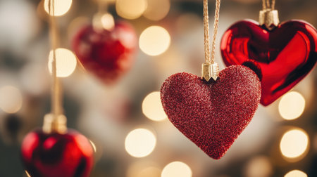 A collection of sparkling red heart ornaments hanging gracefully against a soft, blurred background. Perfect for celebrating love and holidays.の素材