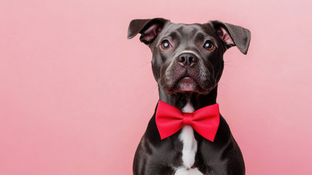 This charming black dog with a red bow tie presents a delightful portrait against a pink backdrop. Perfect for capturing the essence of joy and companionship.の素材