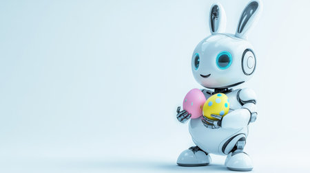 A playful robotic bunny character joyfully holds colorful Easter eggs in a bright and cheerful setting, perfect for springtime themes and festive designs.の素材