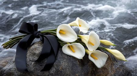A stunning arrangement of elegant white calla lilies tied with a black ribbon rests on a rocky shore, creating a serene scene by the water's edge.の素材