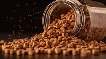 A close-up view of brown cubes of spice spilling from a glass jar against a dark background, showcasing the unique texture and organic essence of a flavorful ingredient.の素材