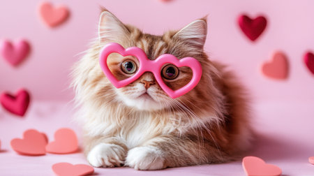 A cute cat wears pink heart-shaped glasses, lying on a pink surface with heart decorations, evoking feelings of love and joy. Perfect for romantic themes.の素材