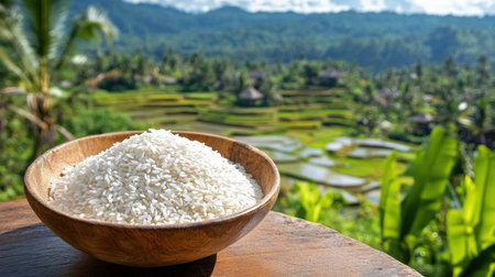 A rustic wooden bowl filled with fresh white rice, set against the stunning backdrop of lush green rice terraces under a clear blue sky, showcasing nature's beauty.の素材