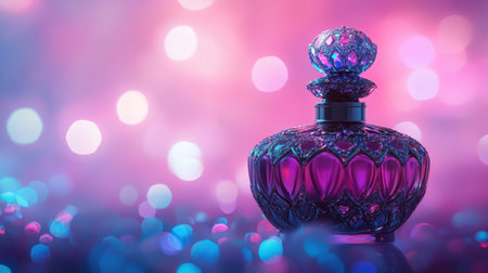 A stunning perfume bottle beautifully displayed against a colorful bokeh backdrop. The intricate design and vibrant hues create an elegant aesthetic perfect for beauty and fragrance themes.の素材
