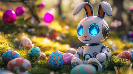 A charming robot bunny sits among vibrant Easter eggs in a lush forest. This whimsical scene combines technology and nature, creating a festive atmosphere.の素材