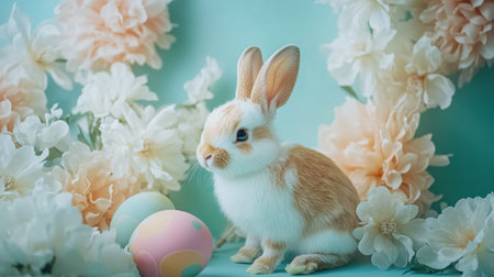 A cute bunny poses gracefully among soft flowers and colorful Easter eggs, creating a charming spring scene. Ideal for seasonal celebrations and nature themes.の素材