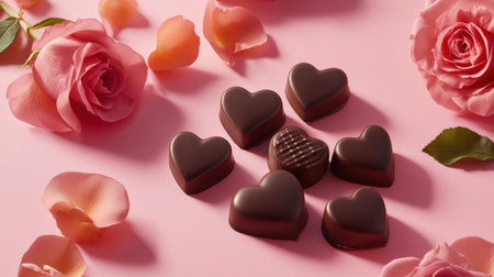 A charming arrangement of heart-shaped chocolates surrounded by delicate rose petals, creating a romantic and inviting atmosphere ideal for celebrations of love and affection.の素材
