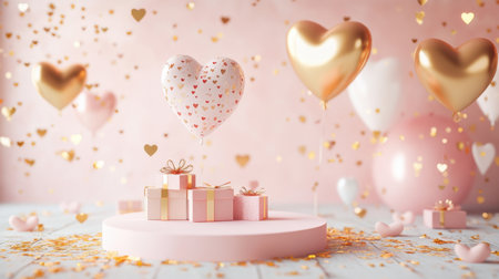A vibrant scene featuring heart-shaped balloons, gifts, and confetti, perfect for romantic celebrations. This cheerful composition creates a festive atmosphere ideal for various occasions.の素材