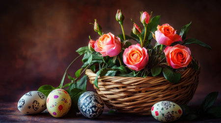 A beautiful arrangement featuring vibrant roses in a woven basket, surrounded by colorful Easter eggs. Perfect for spring celebration and holiday decor.の素材