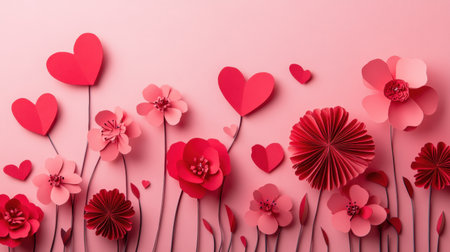 A stunning arrangement of vibrant paper flowers and hearts in shades of pink, perfect for expressing love and creativity in decorations or crafts.の素材