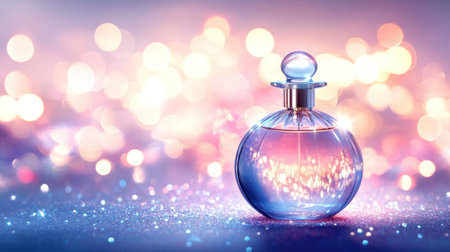 A stunning glass perfume bottle sits elegantly against a colorful bokeh backdrop, capturing the beauty of fragrance in a dreamy setting. Ideal for beauty or lifestyle themes.の素材
