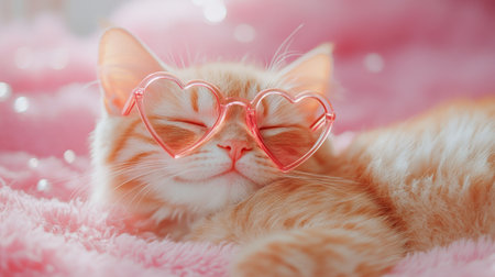 A cute cat in heart-shaped sunglasses rests peacefully on a soft pink background. This charming scene captures the essence of playful relaxation and pet love.の素材