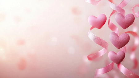 Delicate pink hearts suspended with ribbons create a romantic atmosphere. This soft blurred background evokes feelings of love and celebration, perfect for various occasions.の素材