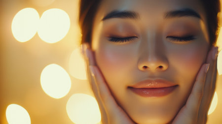 Captivating portrait of a young woman enjoying her beauty routine, exuding serenity and inner peace. Soft lighting enhances her radiant complexion, promoting wellness.の素材