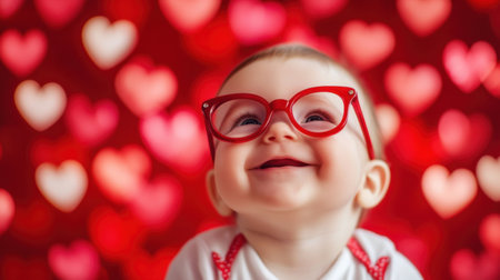 A cheerful baby wearing red glasses smiles joyfully against a vibrant heart-themed background, capturing the essence of happiness and innocence. Perfect for love-themed projects.の素材
