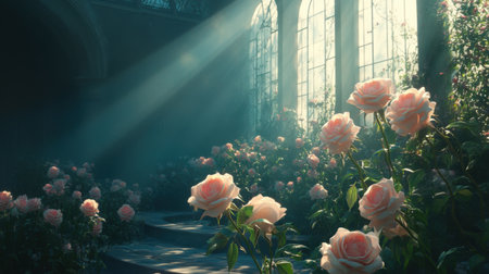 A serene floral garden with soft pink roses basking in ethereal light from stained glass windows, creating a peaceful and tranquil atmosphere.の素材