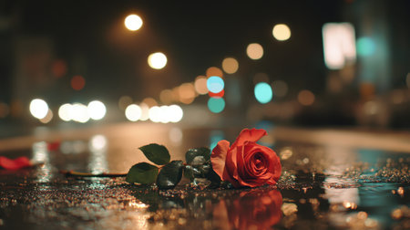 A vibrant red rose rests on a wet street surface at night, illuminated by blurred city lights. This image captures solitude and beauty, evoking strong emotions.の素材