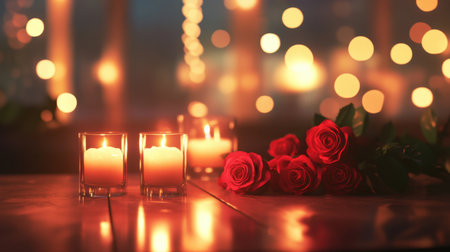 A serene scene featuring glowing candles and fresh roses creates a romantic atmosphere, perfect for celebrations or intimate evenings. The soft bokeh enhances the warmth and beauty.の素材