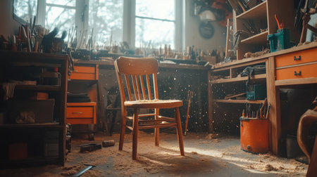 A serene woodworking shop scene featuring a wooden chair surrounded by tools and dust. Sunlight filters through the windows, creating a warm and inviting atmosphere for creativity.の素材
