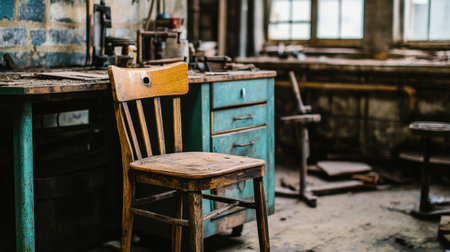 A vintage wooden chair stands alone in an abandoned workshop, showcasing its weathered charm and rustic design. The interior setting exudes a nostalgic atmosphere, highlighting the details of craftsmanship and age.の素材