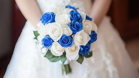A beautiful bouquet featuring blue and white roses, perfect for weddings. This stunning arrangement adds elegance and romance to any bridal look or special occasion.の素材