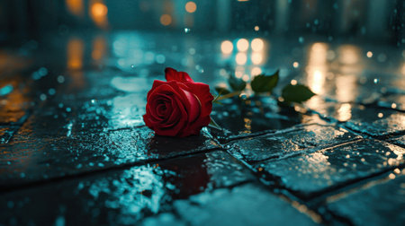 A beautiful red rose rests on a wet cobblestone street at night. Rain drops glisten as they reflect the ambient lights, creating a serene and romantic atmosphere.の素材