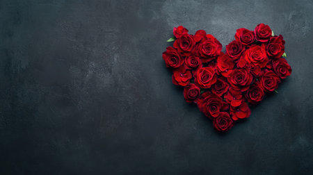A stunning heart-shaped arrangement of vibrant red roses against a dark textured background, symbolizing love and romance, perfect for various celebrations.の素材