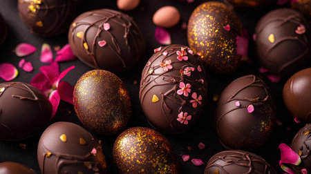 A stunning arrangement of decorative chocolate eggs adorned with vibrant flowers, perfect for celebrations. Ideal for spring events, gifting, and festive occasions.の素材