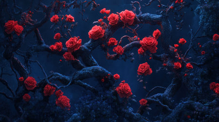 A captivating view of a dark enchanted forest filled with vibrant red roses blooming on twisted branches, creating a serene and mystical atmosphere.の素材