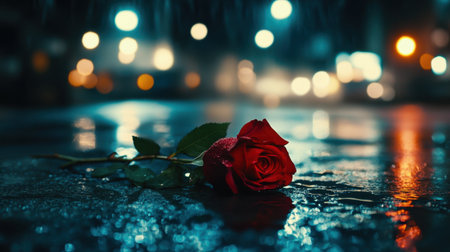 A stunning red rose rests on a wet surface, illuminated by soft bokeh lights in the background. This evocative image captures the essence of romance and tranquility at night.の素材