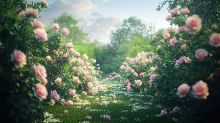 This image showcases a tranquil garden pathway vibrant with blooming pink roses and lush greenery. Sunlight filters through the foliage, creating a serene atmosphere.の素材