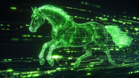 A stunning digital illustration of a green abstract horse in motion, showcasing glowing lines and light trails that emphasize speed and energy in a modern design.の素材