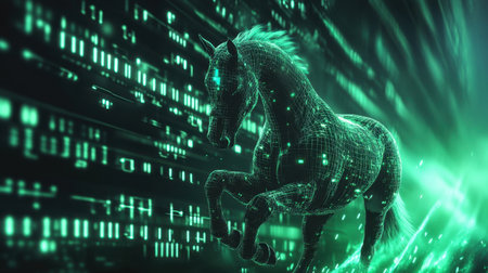 A striking representation of a digital horse galloping through vibrant green data streams, symbolizing the fusion of nature and technology in a futuristic realm.の素材