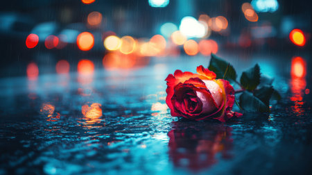 A stunning red rose lies on a wet street, surrounded by colorful bokeh lights. The rain adds a layer of emotion and beauty, capturing a moment of tranquility.の素材