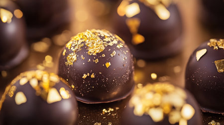 A stunning display of dark chocolate truffles adorned with shimmering gold leaf, perfect for luxurious desserts, special occasions, or gourmet gifts.の素材