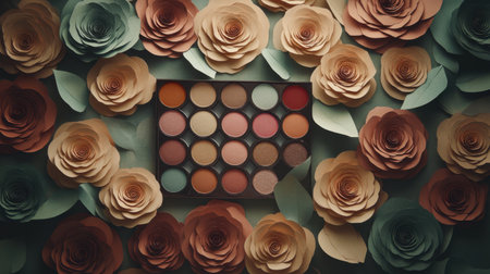 A beautiful makeup palette rests at the center, surrounded by intricately crafted paper flowers in soft, pastel shades, creating a visually stunning arrangement.の素材