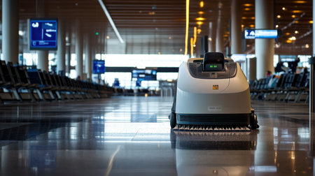 A sleek automated floor cleaning machine moves through a busy airport terminal, showcasing modern technology and efficient cleaning solutions for public spaces.の素材