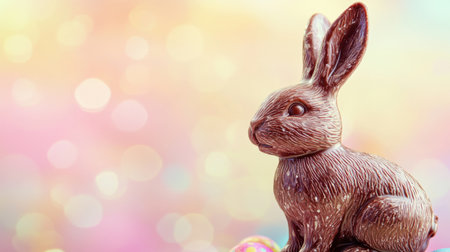 A charming chocolate Easter bunny sits gracefully against a colorful bokeh background, evoking feelings of joy and celebration during the festive season.の素材