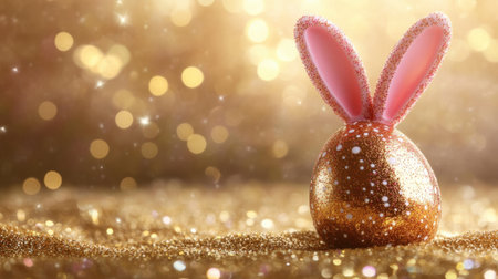 A charming golden Easter egg adorned with pink bunny ears rests on a shimmering glitter background, capturing the essence of festive celebration and joy.の素材