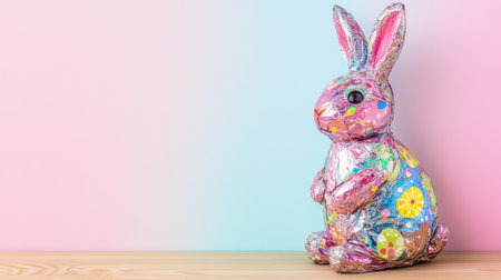 This vibrant chocolate bunny, wrapped in colorful foil, adds charm to any Easter celebration, symbolizing joy, tradition, and festive delight during spring festivities.の素材