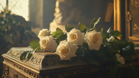 A beautiful arrangement of white roses on an ornate wooden surface, illuminated by soft light, creating an elegant and tranquil atmosphere suitable for various decor themes.の素材