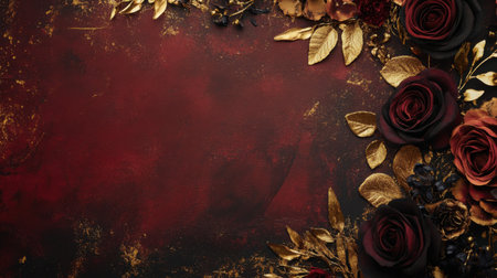 This stunning image showcases an elegant arrangement of dark roses and golden leaves against a rich, textured background, perfect for a romantic theme or floral design.の素材