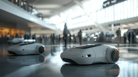 High-tech robot vehicles are showcased in a spacious modern airport terminal, highlighting innovation in transportation and enhancing traveler experience.の素材