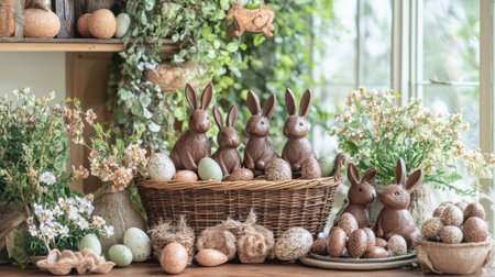 A charming Easter arrangement featuring chocolate bunnies and colorful eggs nestled in a wicker basket surrounded by delicate flowers and greenery. Perfect for springtime decor.の素材