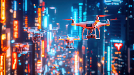 A stunning scene of drones soaring through a vibrant city at night, illuminated by colorful neon lights. The aerial view captures the energy and innovation of modern urban landscapes.の素材