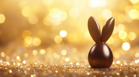 A charming chocolate bunny sits on a sparkling golden background, perfect for Easter celebrations. This delightful image evokes joy and sweetness during the festive season.の素材