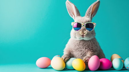 This adorable rabbit wearing stylish sunglasses poses with colorful Easter eggs, creating a playful and festive scene perfect for spring celebrations.の素材