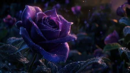A stunning close-up of a purple rose, adorned with glistening dew drops, set in a lush garden. The magical ambiance evokes a sense of tranquility and beauty.の素材
